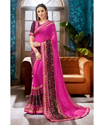 pink printed georgette saree with blouse 1