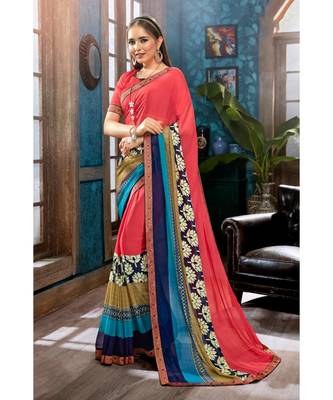 red printed georgette saree with blouse 1