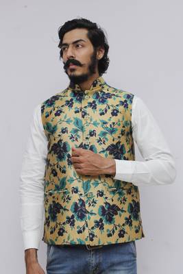 Turquoise printed silk blend nehru-jacket 1