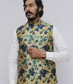 Turquoise printed silk blend nehru-jacket