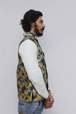 Turquoise printed silk blend nehru-jacket 2