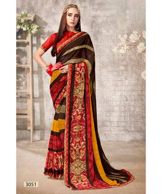 brown printed georgette saree with blouse 1