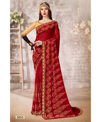 red printed georgette saree with blouse 1