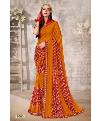 orange printed georgette saree with blouse 1