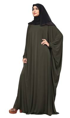 Justkartit Olive Color Party Wear Plain Free Size Lycra Abaya With Chiffon Hijab For Women 3