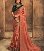 Peach embroidered silk blend saree with blouse