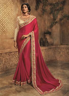 Magenta embroidered silk blend saree with blouse 1