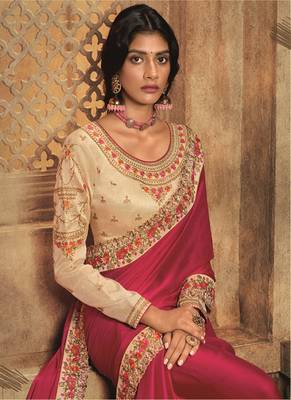 Magenta embroidered silk blend saree with blouse 2