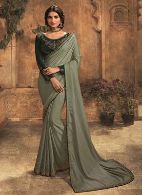 Grey embroidered silk blend saree with blouse 1