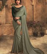 Grey embroidered silk blend saree with blouse