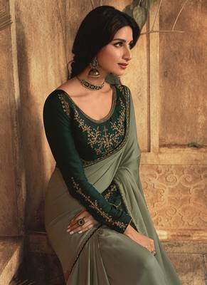 Grey embroidered silk blend saree with blouse 2