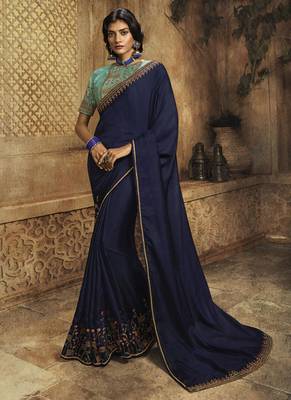   navy blue embroidered silk blend saree with blouse 1