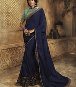  navy blue embroidered silk blend saree with blouse