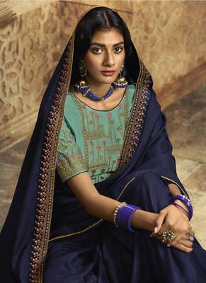   navy blue embroidered silk blend saree with blouse 2