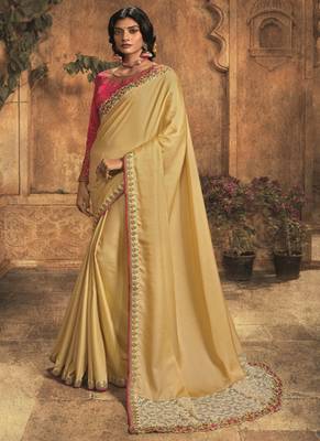 light yellow embroidered silk blend saree with blouse 1