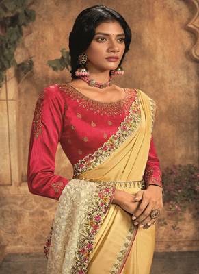 light yellow embroidered silk blend saree with blouse 2