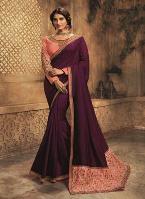 Wine embroidered silk blend saree with blouse 1
