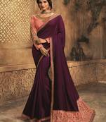 Wine embroidered silk blend saree with blouse