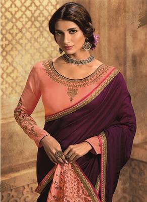 Wine embroidered silk blend saree with blouse 2