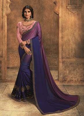   dark blue embroidered silk blend saree with blouse 1