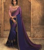   dark blue embroidered silk blend saree with blouse