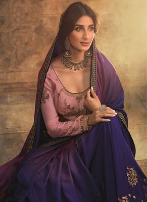   dark blue embroidered silk blend saree with blouse 2