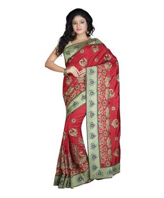 Red Embroidered Raw Silk Saree With Blouse 1