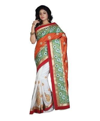 White Embroidered Raw Silk Saree With Blouse 1