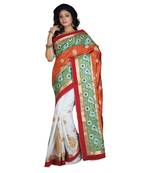 White Embroidered Raw Silk Saree With Blouse