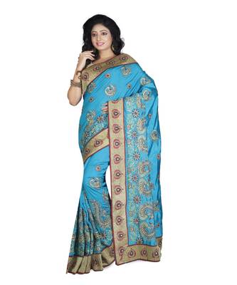 Turquoise Embroidered Raw Silk Saree With Blouse 1