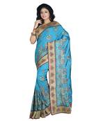 Turquoise Embroidered Raw Silk Saree With Blouse