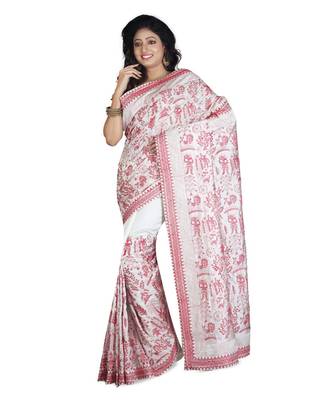 White Embroidered Raw Silk Saree With Blouse 1