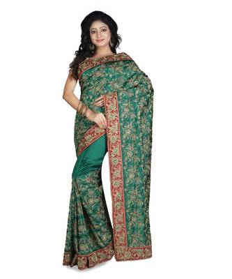 Green Embroidered Raw Silk Saree With Blouse 1