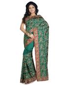 Green Embroidered Raw Silk Saree With Blouse