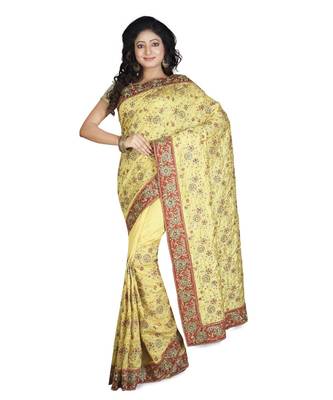 Yellow Embroidered Raw Silk Saree With Blouse 1