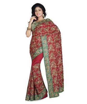 Red Embroidered Raw Silk Saree With Blouse 1