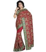 Red Embroidered Raw Silk Saree With Blouse