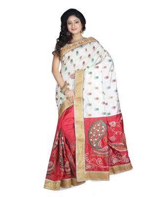White Embroidered Raw Silk Saree With Blouse 1