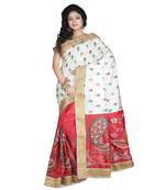 White Embroidered Raw Silk Saree With Blouse