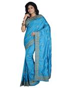Turquoise Embroidered Raw Silk Saree With Blouse