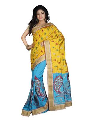 Turquoise Embroidered Raw Silk Saree With Blouse 1