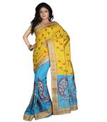 Turquoise Embroidered Raw Silk Saree With Blouse