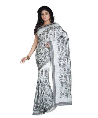 White Embroidered Raw Silk Saree With Blouse 1