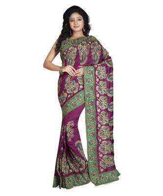 Purple Embroidered Raw Silk Saree With Blouse 1