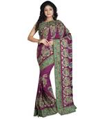 Purple Embroidered Raw Silk Saree With Blouse