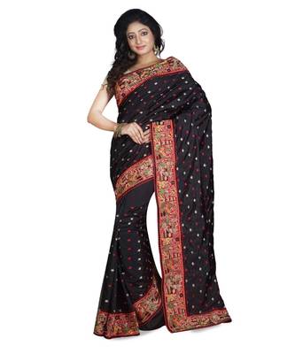 Black Embroidered Raw Silk Saree With Blouse 1