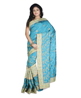 Turquoise Embroidered Raw Silk Saree With Blouse 1