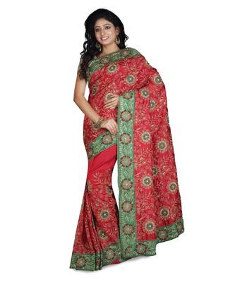 Red Embroidered Raw Silk Saree With Blouse 1