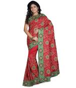 Red Embroidered Raw Silk Saree With Blouse