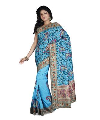 Turquoise Embroidered Raw Silk Saree With Blouse 1